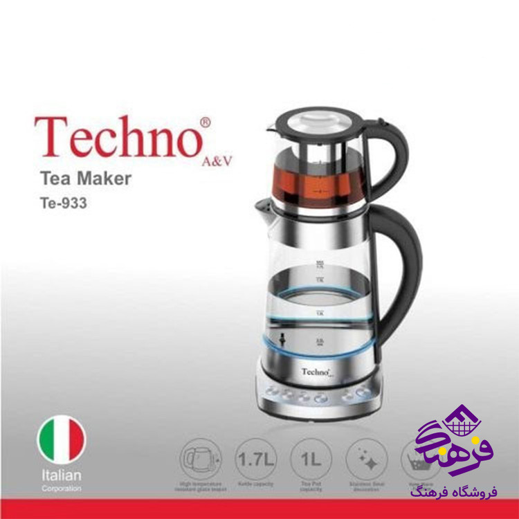 چای ساز تکنو مدل TE933 ظرفیت ۱.۷ لیتر با کتری پیرکس
